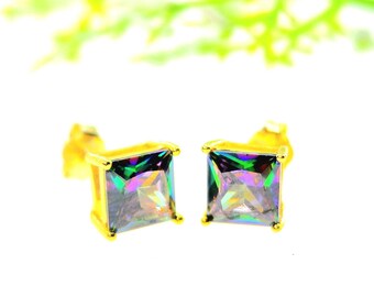 3mm-10mm Princess Cut Square Rainbow Mystic Topaz Solid 925 Sterling Silver Stud Post Earrings Round Mens Womens Earrings