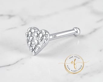 NUGGET 14K Solid White Gold Size 3.00 mm Nugget Bar Nose Stud, Heart with 22 Gauge Nose Bone End.
