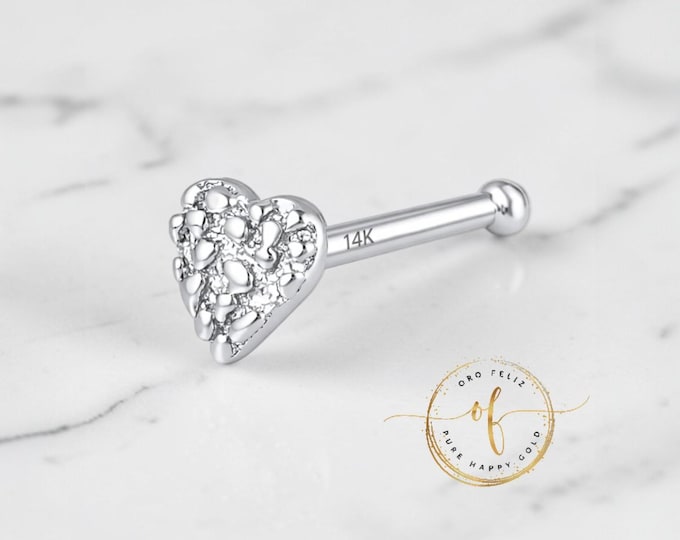 NUGGET 14K Solid White Gold Size 3.00 mm Nugget Bar Nose Stud, Heart with 22 Gauge Nose Bone End.