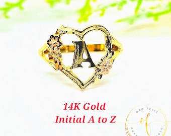 14K Real Yellow Gold  Heart 3C Initial Rings, initial A - Z, Graduation, Birthday, Gift, Girl Ring 2024 Real Gold 14K Not Plated.