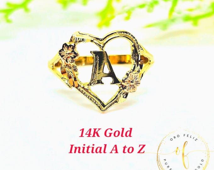 14K Real Yellow Gold  Heart 3C Initial Rings, initial A - Z, Graduation, Birthday, Gift, Girl Ring 2024 Real Gold 14K Not Plated.