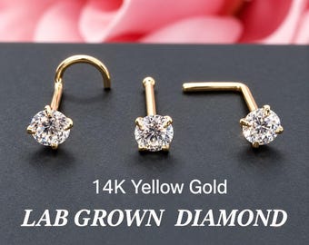 LAB Grown Diamond Nose Stud 14K Solid Gold Round Solitaire Nose Ring 20 Gauge Available in 3 different shape.