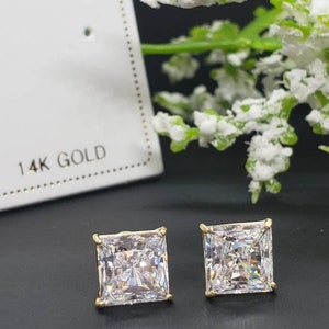 14K Solid Gold Princess Square Cut White CZ's Push Backing Earring with 4 Prong 3 mm 8 mm image 3