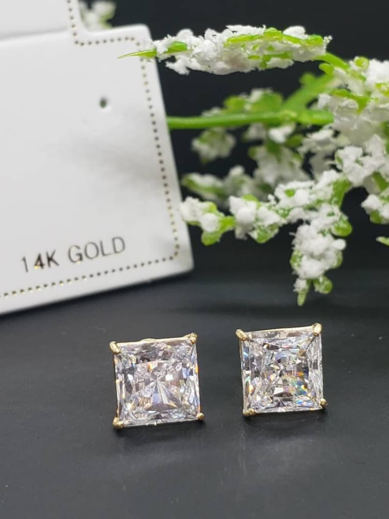 14K Solid Gold Princess Square Cut White CZ's Push Backing Earring with 4 Prong 3 mm 8 mm image 3