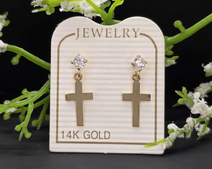 14K Real Yellow Gold •  Dangle Cross • Baby Screw Backs • Earrings Cubic Zirconia • sold 1 Pair Religious Christian Cross Earring.