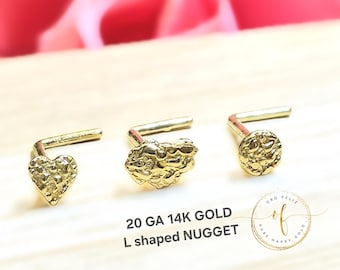 L Shaped 20 GA NUGGET 14K Solid Yellow Gold Size Nugget Nose Stud L Shaped 20 GA Nose Stud Piercing sold 1 piece or 3 pieces.