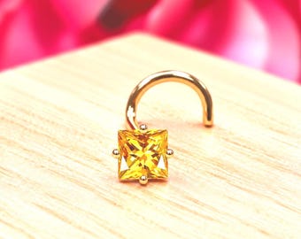 Citrine 14K Solid Yellow Gold ,  Nose Stud, Twist Micro Nose, Screw Nose Stud, Ball end Or L-Shaped Natural Citrine 20 Gauge.