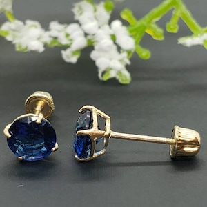 14K Solid Yellow Gold Blue Sapphire Earring September Birthstone Colors Screw Backing Earring with 4 Prong Setting