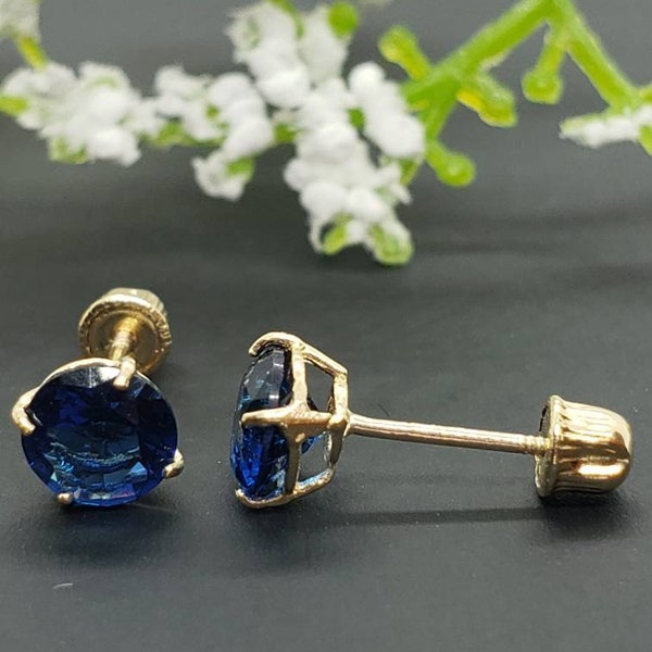 14K Solid Yellow Gold Blue Sapphire Earring September Birthstone Colors Screw Backing Earring with 4 Prong Setting