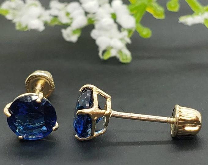 14K Solid Yellow Gold Blue Sapphire Earring September Birthstone Colors Screw Backing Earring with 4 Prong Setting