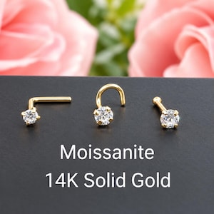 Moissanite 14K Solid Gold , Curve Bar Nose Stud, Moissanite Nose Stud, Twist Micro Nose, Screw Nose Stud, Ball end Or L-Shaped