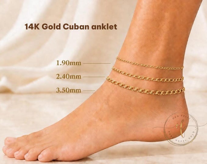 Real 14K Yellow Gold Italian 1.90mm 2.40mm 3.50 mm or 4.40 mm  Curb Chain Link Anklet  9 " or 10 " Inches.