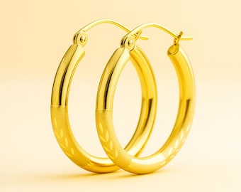 3MM Thick Hoop 14K Gold Budded Diamond Cut Hoop Earrings From 15mm to 45 mm sold 1 pair.