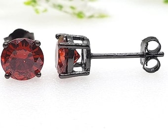 Solid 925 Sterling Silver Garnet CZ's or Genuine Natural Garnet Gemstone Solitaire Stud Post Earrings Round Mens Womens Earrings