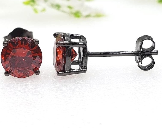 Solid 925 Sterling Silver Garnet CZ's or Genuine Natural Garnet Gemstone Solitaire Stud Post Earrings Round Mens Womens Earrings