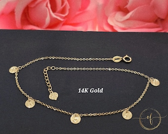 14K Solid Yellow Gold • Round Diamond Cut Dainty Dangle Charm • Bracelet or Anklets • 7" Inches - 9 " Inches •