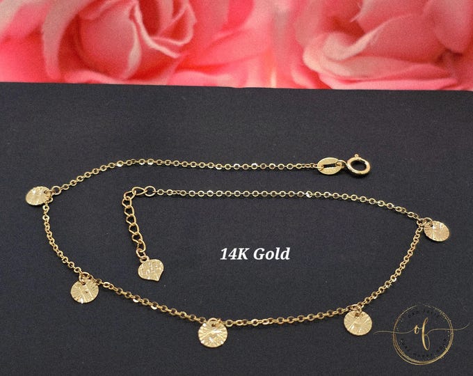 14K Solid Yellow Gold • Round Diamond Cut Dainty Dangle Charm • Bracelet or Anklets • 7" Inches - 9 " Inches •