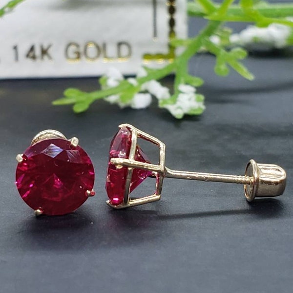 14K Solid Yellow Gold Ruby Earring July Birthstone Colors Screw Backing Earring with 4 Prong Setting