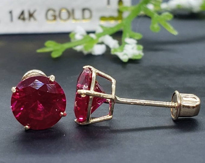 14K Solid Yellow Gold Ruby Earring July Birthstone Colors Screw Backing Earring with 4 Prong Setting