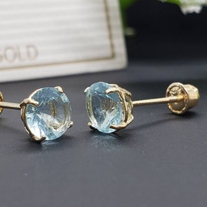 14K Solid Gold Aquamarine Earring March Birthstone Colors Screw Backing Earring with 4 Prong Setting image 2