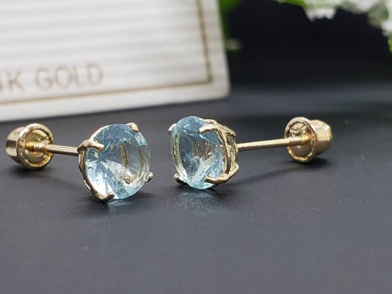 14K Solid Gold Aquamarine Earring March Birthstone Colors Screw Backing Earring with 4 Prong Setting image 2