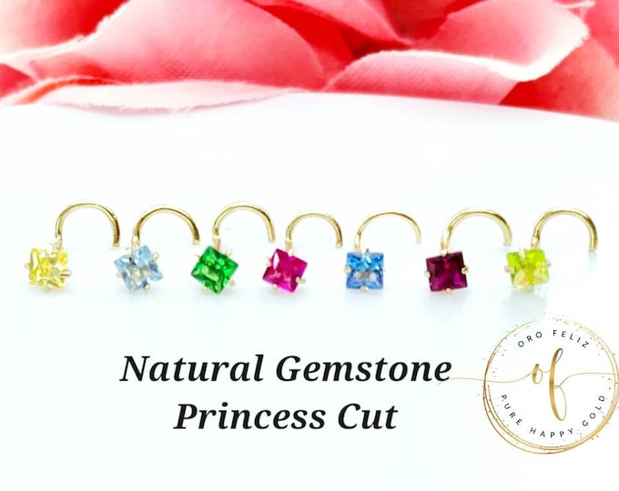 Princess Cut Square Natural Gemstone  14K Solid Gold  in Twisted Crooked Screw, L-Shaped , Ball End Bar 20 GA Natural Gemstone Square.