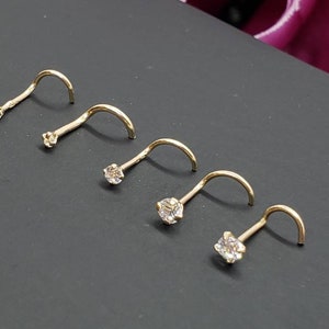 14K Solid Yellow Gold , Curve Bar Nose Stud, Diamond Nose Stud, Twist Micro Nose, Screw Nose Stud 20 Gauge, Hypoallergenic, Perfect Quality. image 2