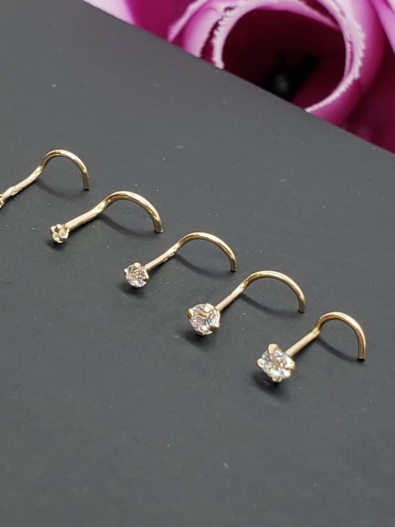 14K Solid Yellow Gold , Curve Bar Nose Stud, Diamond Nose Stud, Twist Micro Nose, Screw Nose Stud 20 Gauge, Hypoallergenic, Perfect Quality. image 2