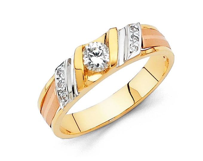 3Tone 14K Solid Gold Mens Wedding Ring Solitaire Round Cut  Engagement Bands For women's men's