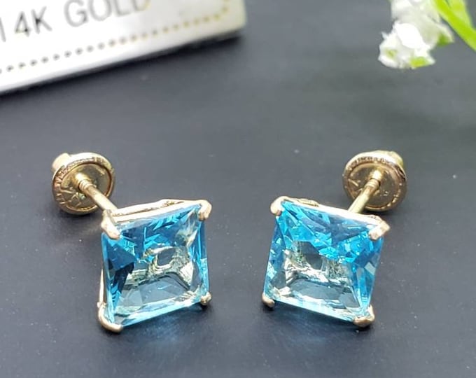 14K Solid Gold Blue Topaz Earring Princess Square Cut December Birthstone Colors Screw Backing Earring with 4 Prong Setting