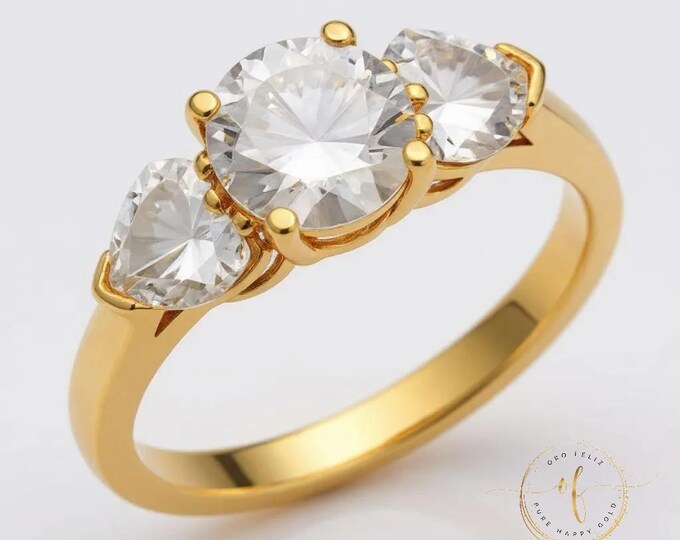 2 Ct 14K Yellow Gold Round Heart 3 Stone Wedding Engagement Propose Promise Ring