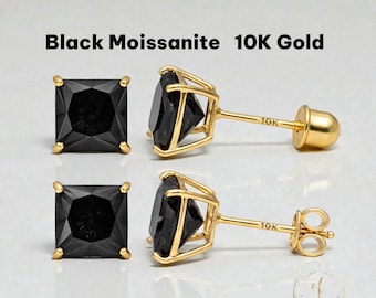 Moissanite Black  10K Solid Gold • Square Princess Cut • Basket Prong •  3mm-8mm • With Screw Backing or Push Backing Thin Post 22Gauge.
