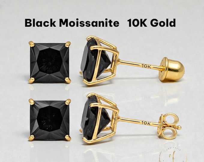Moissanite Black  10K Solid Gold • Square Princess Cut • Basket Prong •  3mm-8mm • With Screw Backing or Push Backing Thin Post 22Gauge.