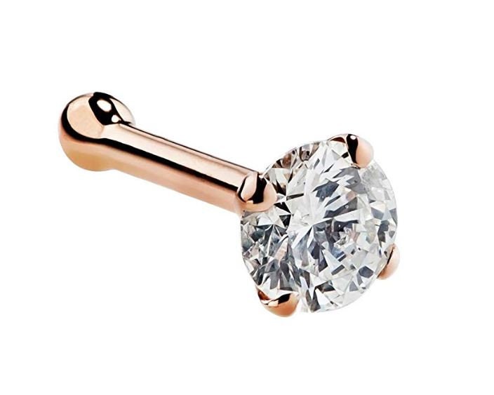14K Solid Rose Gold , Ball Ends Nose Stud, Diamond Nose Stud, Nostril