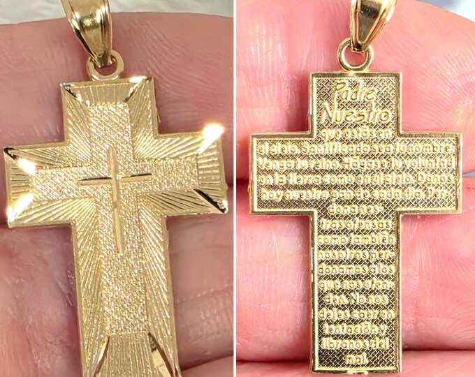 Reversible Padres Nuestro 14K Yellow Gold Cross Pendant Real Gold with Prayer 3 sizes available.