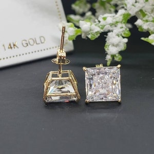 14K Solid Gold Princess Square Cut White CZ's Push Backing Earring with 4 Prong 3 mm 8 mm image 4