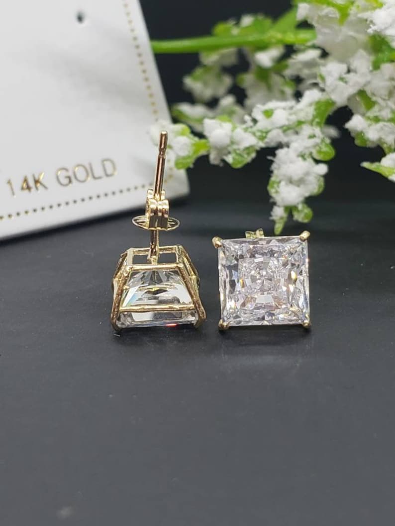 14K Solid Gold Princess Square Cut White CZ's Push Backing Earring with 4 Prong 3 mm 8 mm image 4