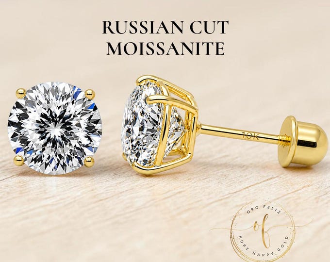 Russian CUT Moissanite 10K Gold Stud Earrings, Round Solitaire Cut, Screw Back 22 GA, Thin Post, comfortable to sleep