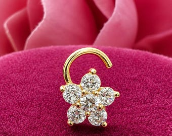 Flower 14K Solid Yellow Gold Size 6.00 mm with Gemstones 20 GAUGE Yellow Gold Nose Piercing.