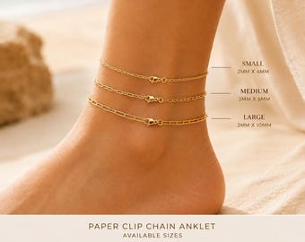 14K Yellow Gold Paper clip Anklet 2x4mm Thin Gold chain paper clip Ankle Bracelet.