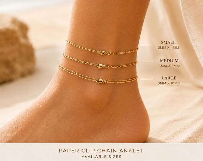 14K Yellow Gold Paper clip Anklet 2x4mm Thin Gold chain paper clip Ankle Bracelet.
