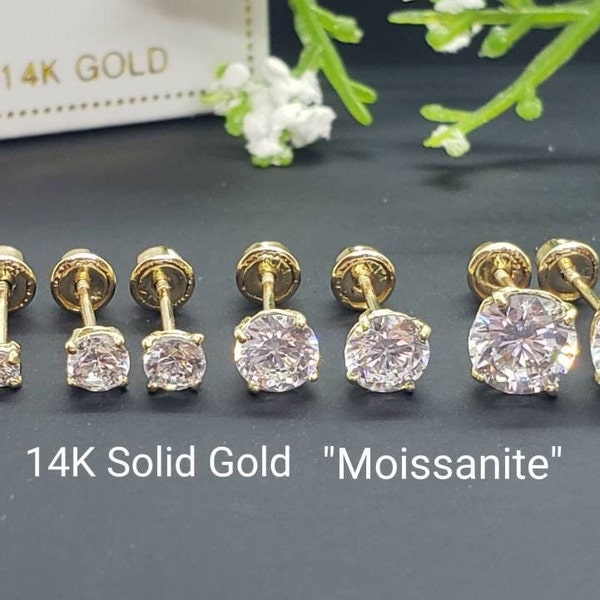 Moissanite 14K Solid Gold Low Basket Thin Post Light Weight Gold Screw Backing can be worn sleeping Round White D Color VVS1 Brilliant Cut