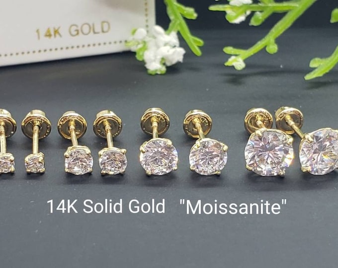 Moissanite 14K Solid Gold Low Basket Thin Post Light Weight Gold Screw Backing can be worn sleeping Round White D Color VVS1 Brilliant Cut