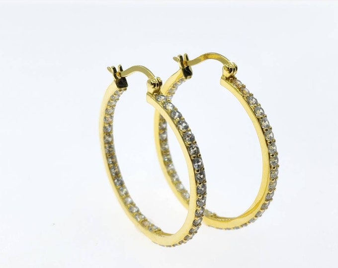 Solid 925 Sterling Silver Yellow Gold-Plated   Earring Hoops With Gemstones 12mm-35mm.