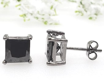 3mm-10mm Princess Cut Square CZ's Solid 925 Sterling Silver Stud Post Earrings Mens Womens Earrings