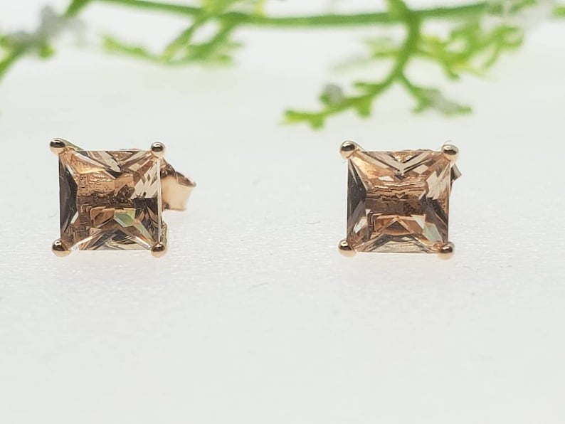 3mm-10mm Round Rose Plated Morganite CZ Solid 925 Sterling Silver Princess Squre Stud Post Earrings Round Mens Womens Earrings
