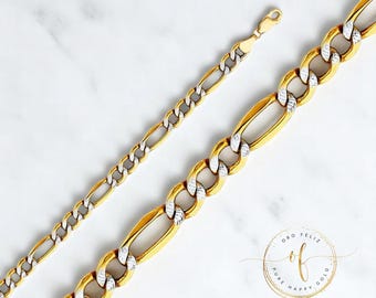 Figaro Chain White Pave  Real 14K Gold Hollow Figaro Chain White Pave  2.00mm -5.00 mm  Mens Women 16 " -24 "