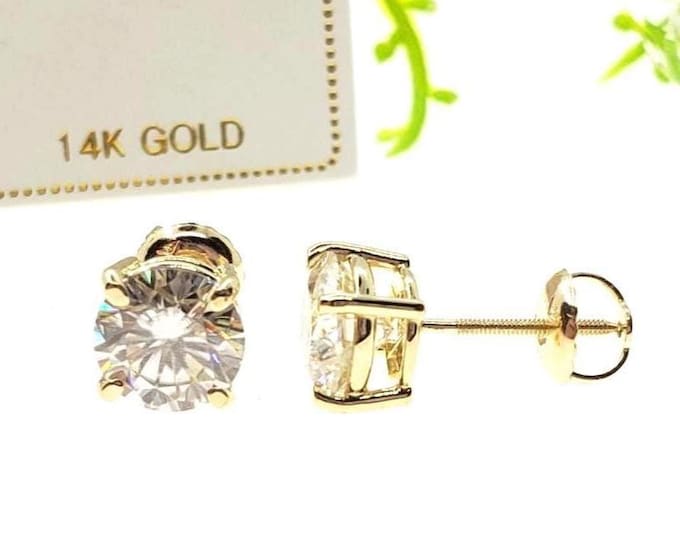 Moissanite • 14K White, Yellow Gold • Screw Backing Stud Earrings • Heavy Prong Basket • VS1/EF