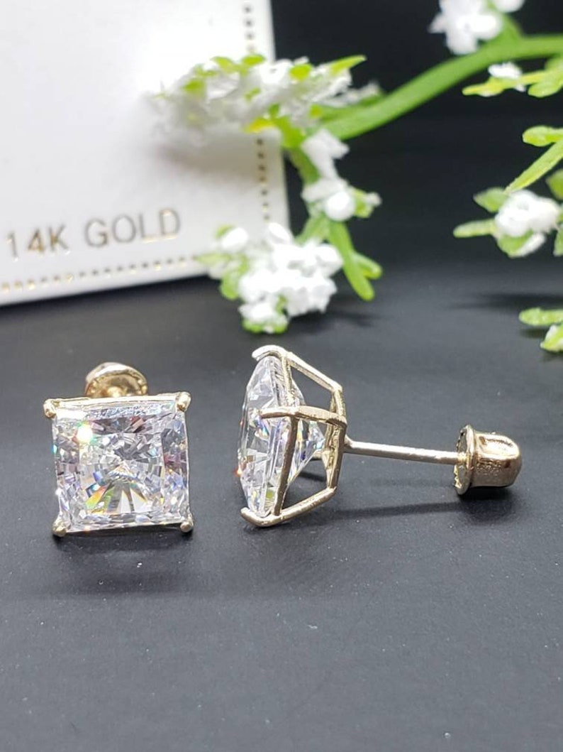 Super Bright 14K Solid Gold \u2022 Square Princess Cut \u2022 Basket Prong \u2022 3mm-8mm \u2022 With Screw Backing