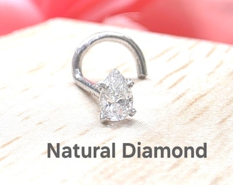 Natural Diamond pear Shape14K Solid Yellow Gold , Curve Bar Nose Stud,  Twist Micro Nose, Screw Nose Stud, Ball end Or L-Shaped 20 GA.
